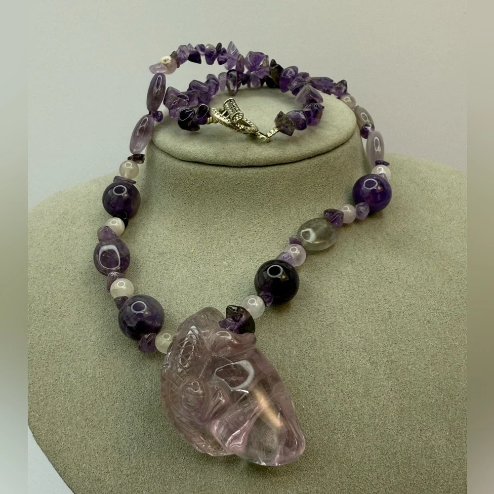 Carved amethyst lizard pendant with amethyst rock crystal necklace
